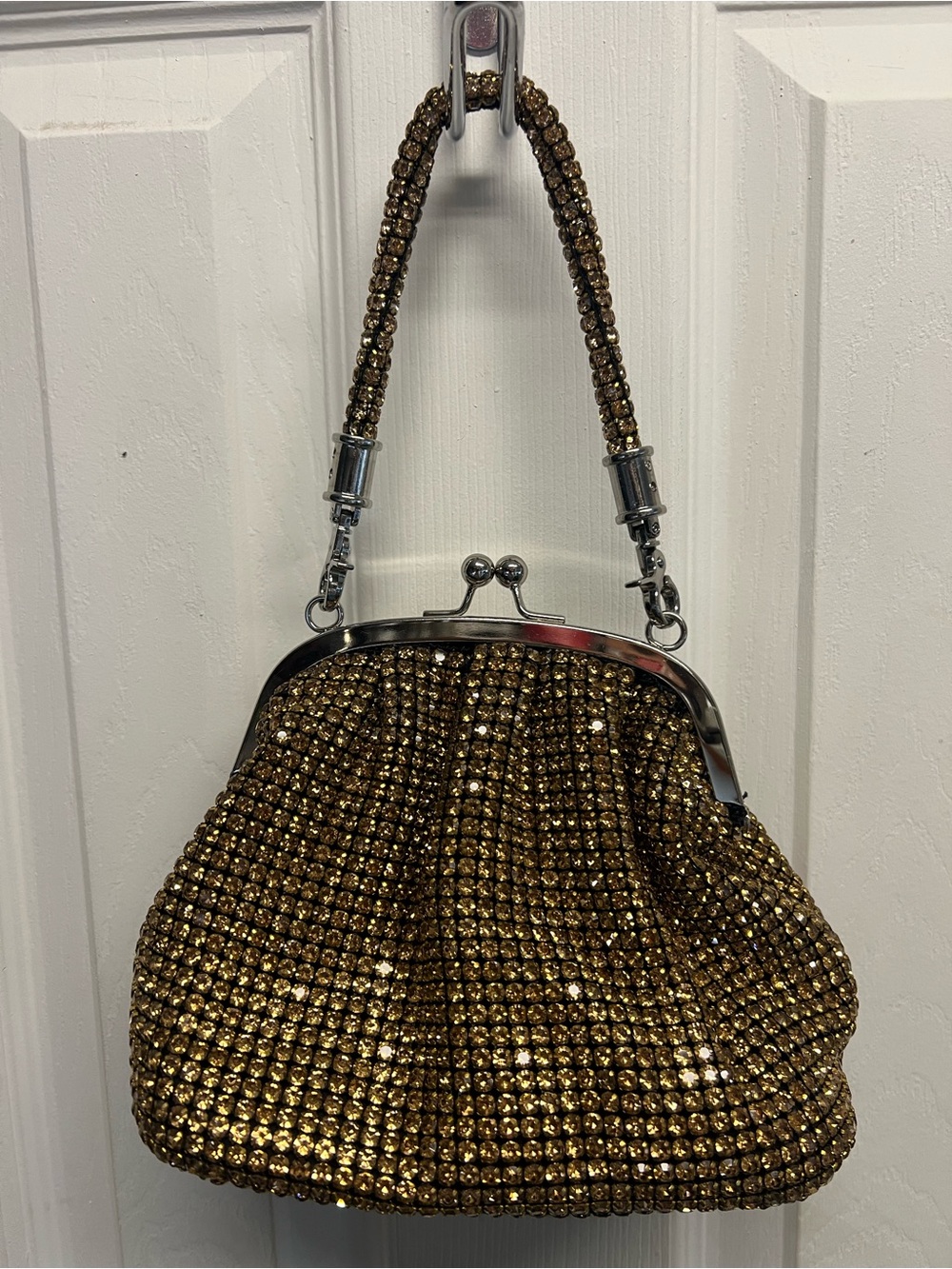 Gold Crystal Mesh Evening Clutch with Detachable Wrist Handle